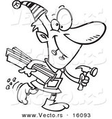 Vector of a Cartoon Christmas Elf Carrying Lumber and a Hammer - Outlined Coloring Page Drawing by Toonaday
