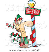 Vector of a Cartoon Christmas Elf Leaning Against a North Pole Post - Outlined Coloring Page Drawing by Toonaday