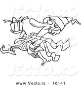 Vector of a Cartoon Christmas Elf Running with a Gift - Outlined Coloring Page Drawing by Toonaday