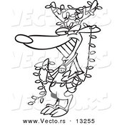 Vector of a Cartoon Christmas Reindeer Decked out in Lights - Coloring Page Outline by Toonaday
