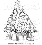 Vector of a Cartoon Christmas Tree and Gifts - Coloring Page Outline by Toonaday