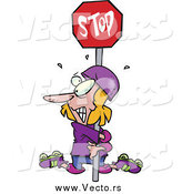 Vector of a Cartoon Clumsy Blond White Roller Blader Hugging a Stop Sign by Toonaday