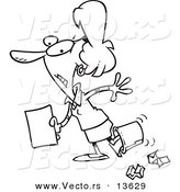 Vector of a Cartoon Clumsy Businesswoman Walking with Her Foot in a Trash Bin - Coloring Page Outline by Toonaday