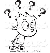 Vector of a Cartoon Confused Boy with Many Questions - Outlined Coloring Page by Toonaday