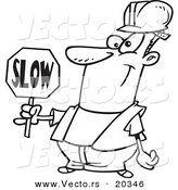 Vector of a Cartoon Construction Worker Slowing down Traffic - Coloring Page Outline by Toonaday