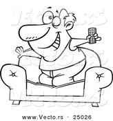 Vector of a Cartoon Couch Surfer Guy Standing on His Sofa with a TV Remote Control - Outlined Coloring Page by Toonaday