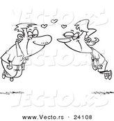Vector of a Cartoon Couple Floating with Hearts - Coloring Page Outline by Toonaday
