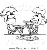 Vector of a Cartoon Couple of Kids Sharing Pizza - Outlined Coloring Page by Toonaday