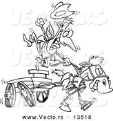 Vector of a Cartoon Cowboy and Fast Horse with a Wagon - Coloring Page Outline by Toonaday