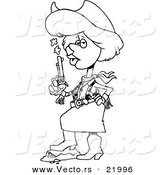Vector of a Cartoon Cowgirl Blowing on a Smoking Gun - Outlined Coloring Page by Toonaday
