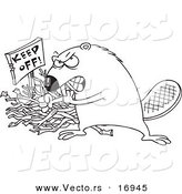 Vector of a Cartoon Defensive Beaver Guarding His Stick Pile - Coloring Page Outline by Toonaday