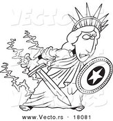 Vector of a Cartoon Defensive Statue of Liberty Holding a Shield and Sword - Outlined Coloring Page by Toonaday
