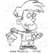 Vector of a Cartoon Disgusted Boy Holding a Muddy Lunch Bag - Coloring Page Outline by Toonaday