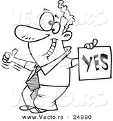 Vector of a Cartoon Displeased Man with a Thumb up Holding a YES Sign - Outlined Coloring Page by Toonaday