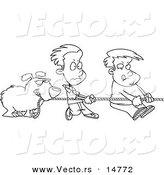 Vector of a Cartoon Dog and Boys Tugging on a Rope - Coloring Page Outline by Toonaday