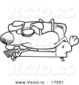 Vector of a Cartoon Dog Holding a Remote Control and Resting on a Couch - Coloring Page Outline by Toonaday