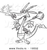 Vector of a Cartoon Dragon Wearing an Apron and Holding a Broom - Outlined Coloring Page by Toonaday