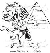 Vector of a Cartoon Egyptian Cat Presenting a Pyramid - Outlined Coloring Page Drawing by Toonaday