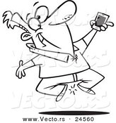 Vector of a Cartoon Excited Man Jumping with His New Cell Phone - Outlined Coloring Page by Toonaday