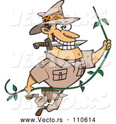 Vector of a Cartoon Explorer Man Swinging on a Vine with Knife in Teeth by Toonaday