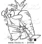 Vector of a Cartoon Farmer Pushing a Big Carrot on a Dolly - Outlined Coloring Page by Toonaday
