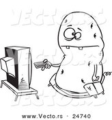 Vector of a Cartoon Fat Couch Potato Flipping Through Channels on the Tv - Outlined Coloring Page by Toonaday
