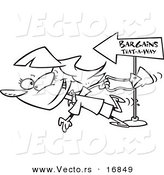 Vector of a Cartoon Female Bargain Shopper Following Signs - Coloring Page Outline by Toonaday