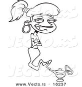 Vector of a Cartoon Female Genie Emerging from a Lamp - Outlined Coloring Page Drawing by Toonaday