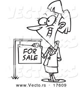 Vector of a Cartoon Female Realtor by a for Sale Sign - Coloring Page Outline by Toonaday