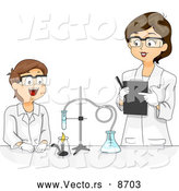 Vector of a Cartoon Female Science Teacher Working with a Happy Male Student on a Chemistry Project by BNP Design Studio