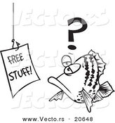 Vector of a Cartoon Fish Staring at a Free Stuff Sign - Coloring Page Outline by Toonaday