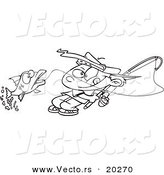 Vector of a Cartoon Fishing Boy Reeling in a Fish - Outlined Coloring Page by Toonaday