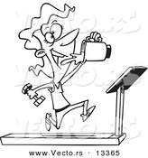 Vector of a Cartoon Fit Woman Running on a Treadmill and Drinking Juice from a Blender - Coloring Page Outline by Toonaday