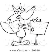 Vector of a Cartoon Fox Presenting a Blank Sign - Coloring Page Outline by Toonaday