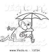 Vector of a Cartoon Frog Dashing Through the Rain with an Umbrella - Coloring Page Outline by Toonaday