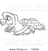 Vector of a Cartoon Frozen Eskimo near an Igloo - Outlined Coloring Page Drawing by Toonaday