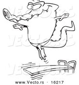Vector of a Cartoon Gator Bouncing off a Diving Board - Outlined Coloring Page Drawing by Toonaday
