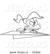Vector of a Cartoon Girl Flying in a Paper Plane - Coloring Page Outline by Toonaday