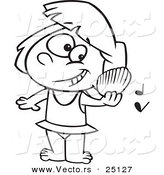 Vector of a Cartoon Girl Listening to a Shell Play Music on a Beach - Coloring Page Outline by Toonaday