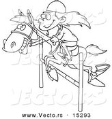 Vector of a Cartoon Girl on a Leaping Horse - Coloring Page Outline by Toonaday