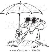 Vector of a Cartoon Groundhog Emerging with Shades and an Umbrella - Coloring Page Outline by Toonaday