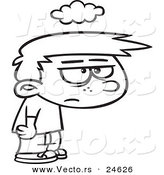 Vector of a Cartoon Grumpy Boy Under a Cloud of Gloom - Outlined Coloring Page by Toonaday