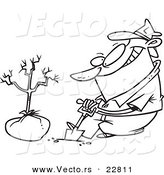 Vector of a Cartoon Guy Planting a Tree - Coloring Page Outline by Toonaday