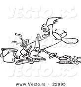 Vector of a Cartoon Guy Scrubbing a Floor - Coloring Page Outline by Toonaday