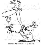 Vector of a Cartoon Guy Smelling a Spring Flower - Coloring Page Outline by Toonaday