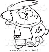 Vector of a Cartoon Happy Boy Carrying His Teddy Bear - Coloring Page Outline by Toonaday