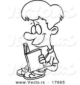 Vector of a Cartoon Happy Boy Reading - Coloring Page Outline by Toonaday