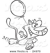 Vector of a Cartoon Happy Cat Running with a Birthday Balloon - Outlined Coloring Page by Toonaday