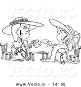 Vector of a Cartoon Happy Girls Playing Dress up at Tea Time - Coloring Page Outline by Toonaday