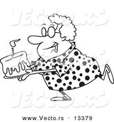 Vector of a Cartoon Happy Grandma Carrying a Birthday Cake - Coloring Page Outline by Toonaday